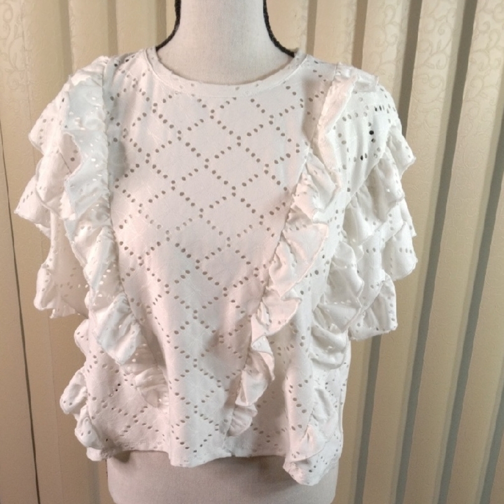 Zara , White Ruffled Eyelet Top